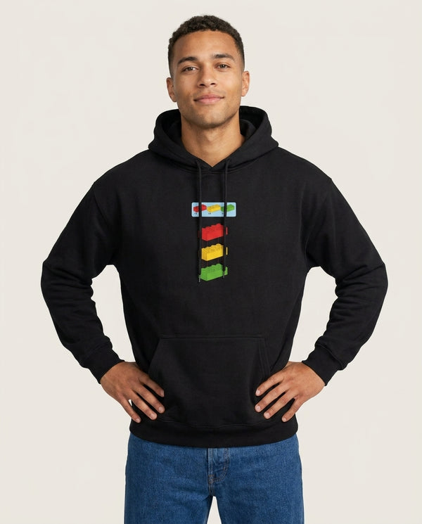 Bricks Instruction Set Hoodie — Black Front, worn