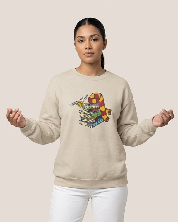 Book Stack Sweatshirt — Sand Front, worn