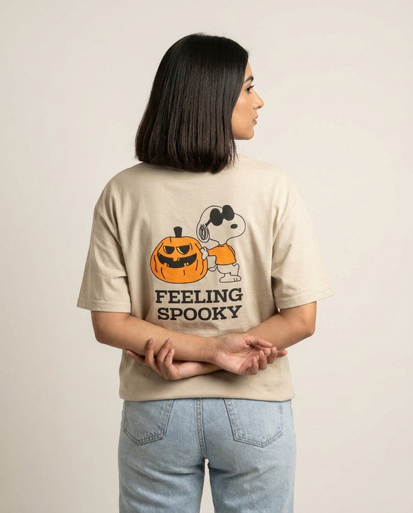 Feeling Spooky Cartoon Beagle T-Shirt — Sand Back, worn