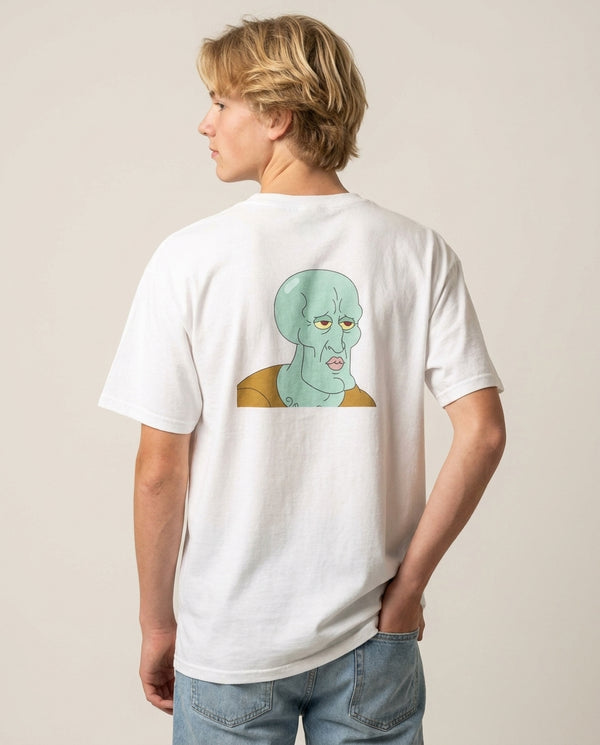 Muscly Squidward T-Shirt — White Back, worn