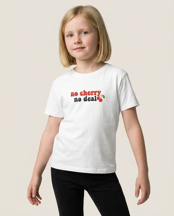 No Cherry No Deal Kids T-Shirt — White Front, worn