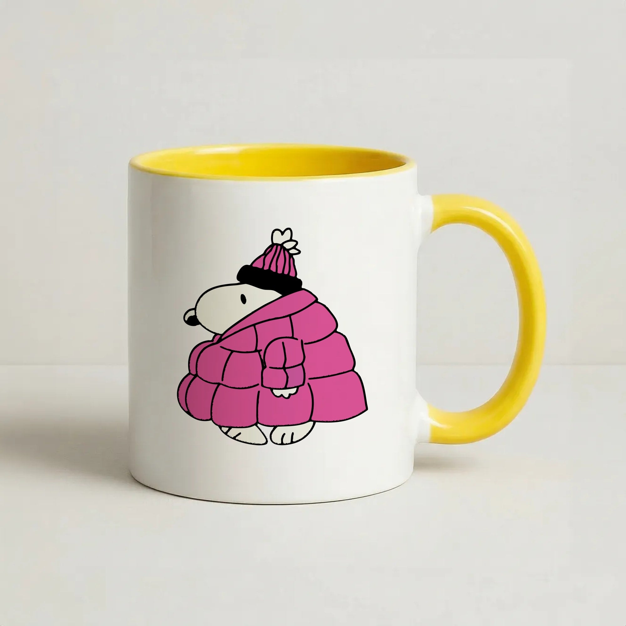 Cartoon Beagle Puffer Jacket Black Coffee Yellow Mug