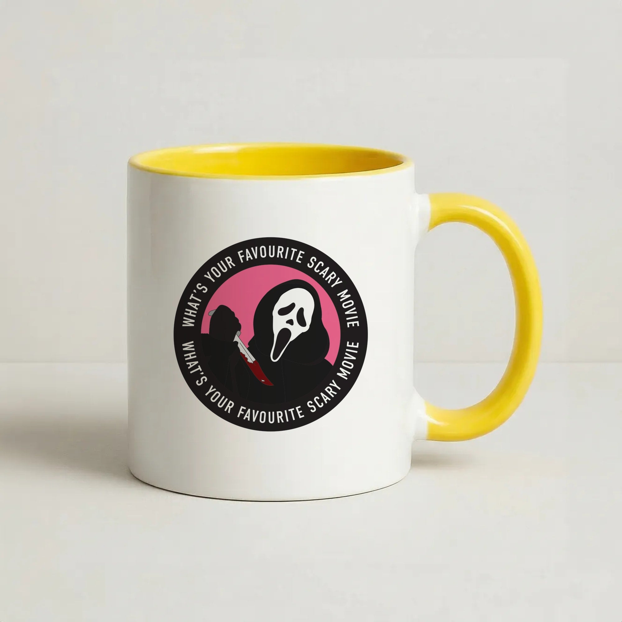 What's Your Favourite Scary Movie Badge Coffee Yellow Mug
