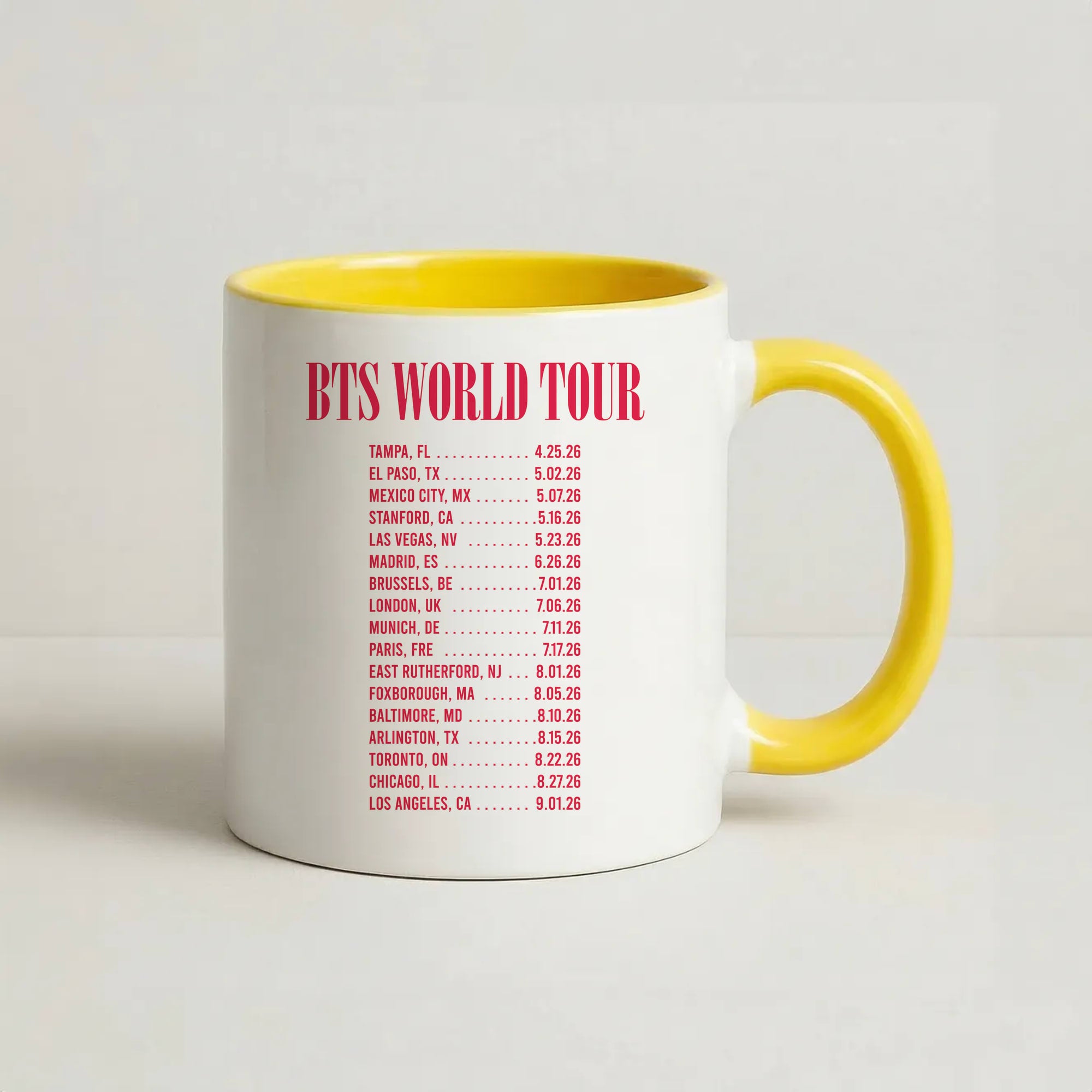 K-Pop Band World Tour List 2026 Coffee Yellow Mug