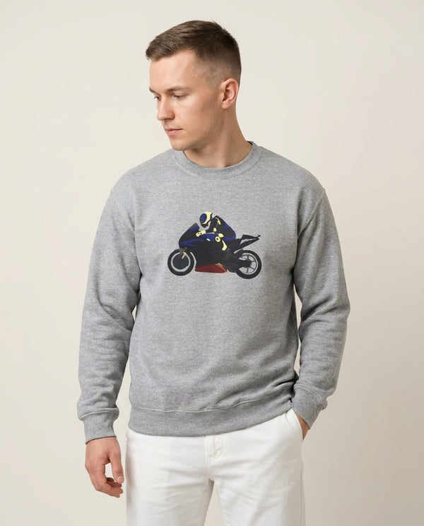 Purple Motorbike - Motorbike Sweatshirt — Grey Front, worn