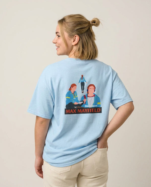 Max Mayfield T-Shirt — Blue Back, worn