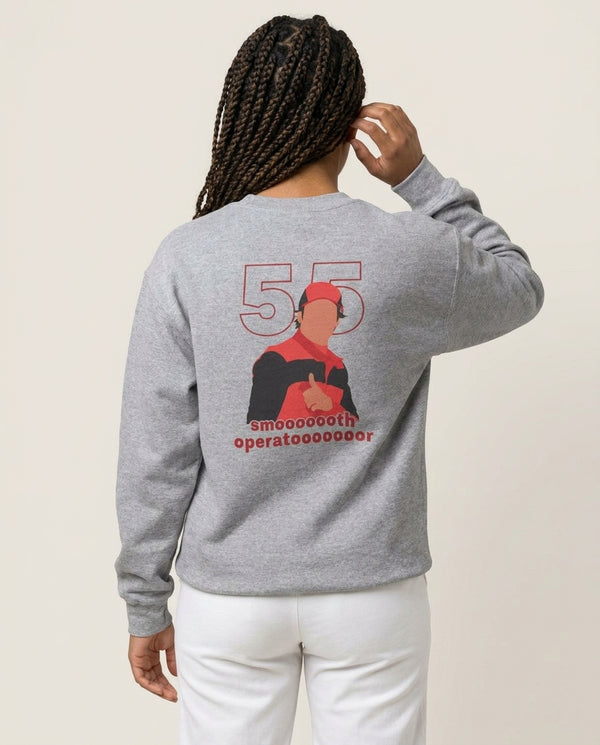 Smooth Operator Sweatshirt — Grey Back, worn