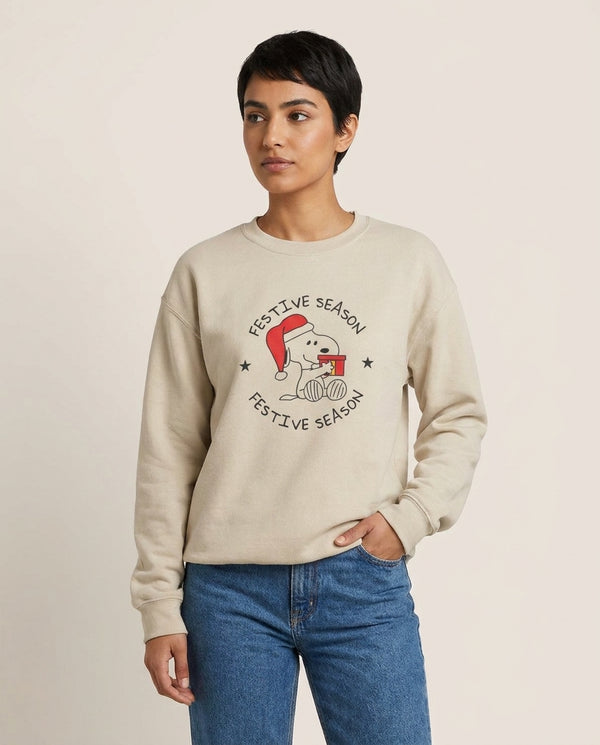Cartoon Beagle Festive Season Sweatshirt — Sand Front, worn