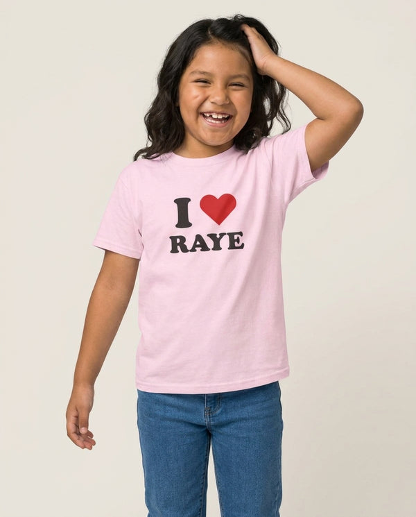 I Love Raye - Festival Kids T-Shirt — Pink Front, worn