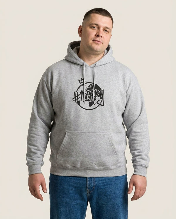 Hashtag Merky Globe Hoodie — Grey Front, worn