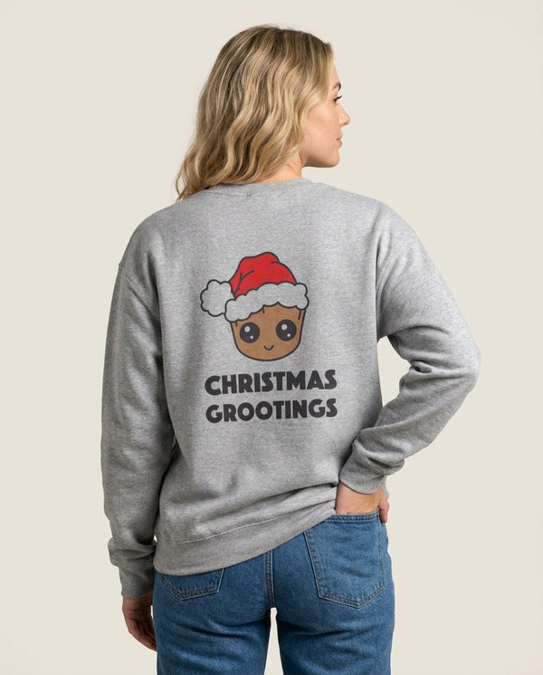 Christmas Grootings Sweatshirt — Grey Back, worn