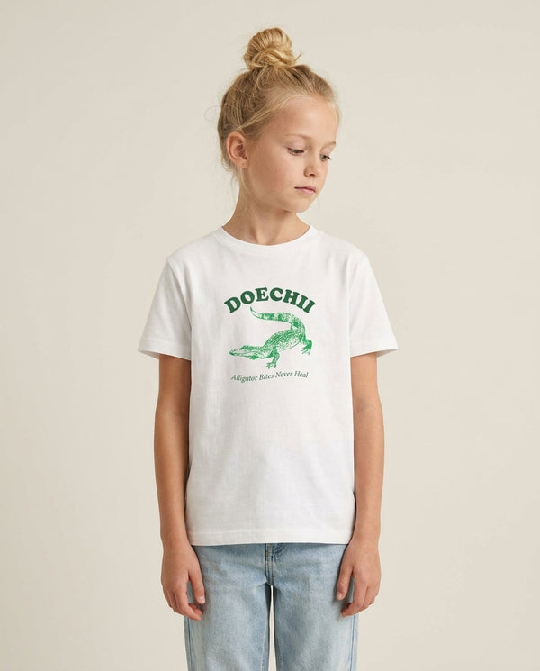 Alligator Bites Never Heal Collage Kids T-Shirt — White Front, worn