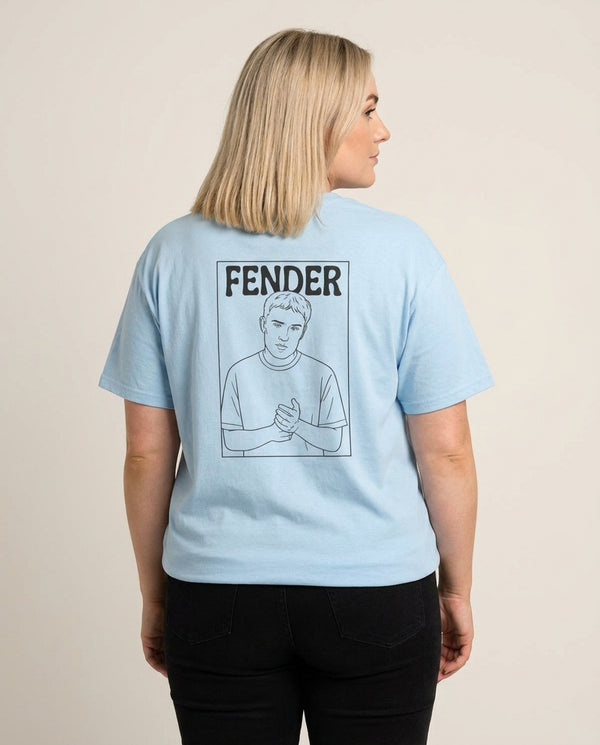 Fender Outline T-Shirt — Blue Back, worn