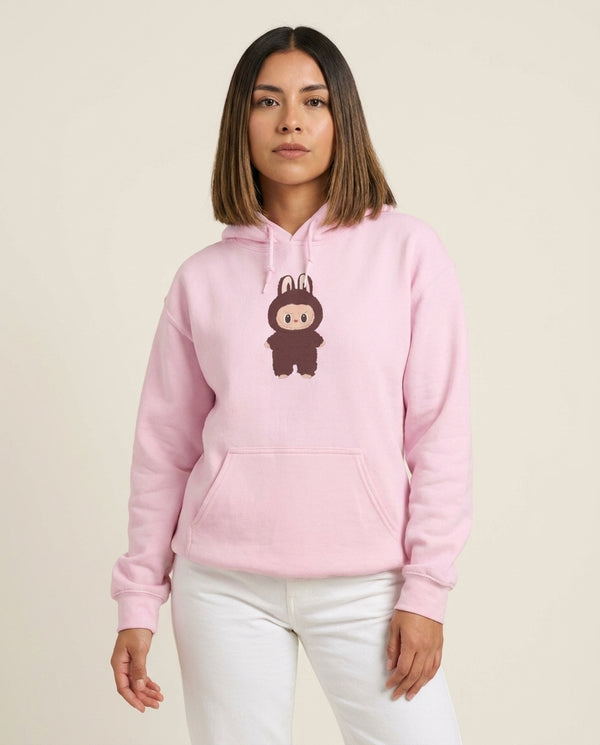 Cute Brown Monster Hoodie — Pink Front, worn