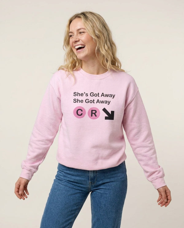 She Got Away Sweatshirt — Pink Front, worn