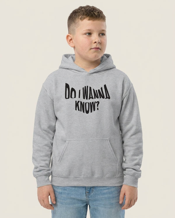 Do I wanna know Kids Hoodie — Grey Front, worn