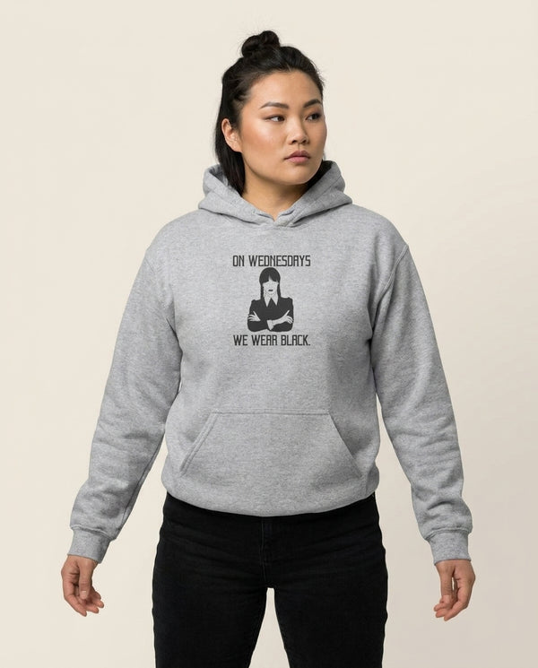On Wednesdays We Wear Black Hoodie — Grey Front, worn