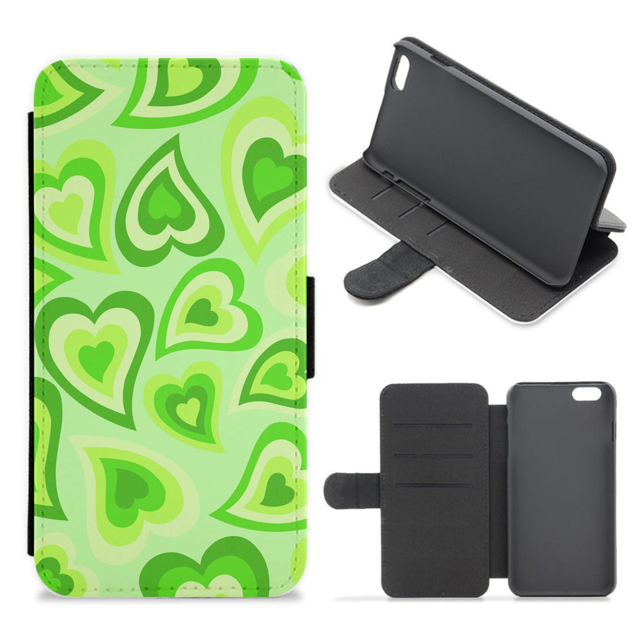 Green Hearts - Trippy Patterns Flip / Wallet Phone Case