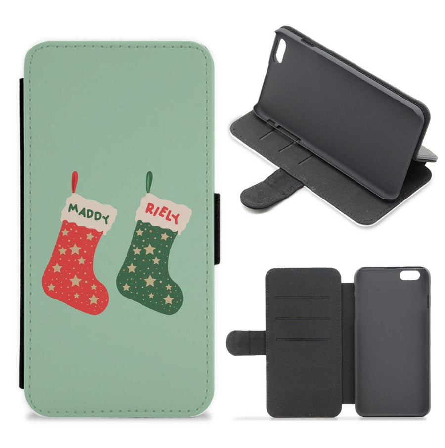 Red And Green Stocking - Personalised Christmas  Flip / Wallet Phone Case