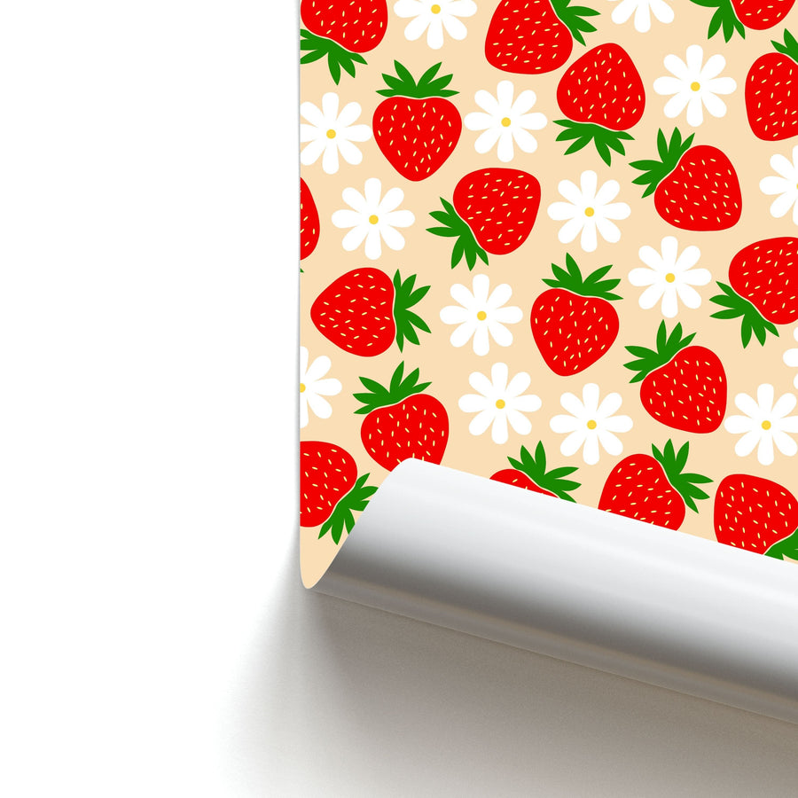 Strawberries and Flowers - Spring Patterns Poster