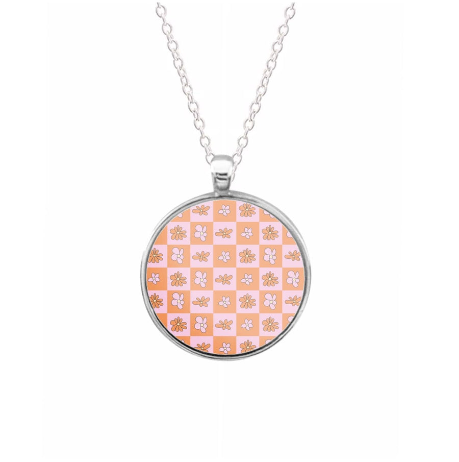 Orange And Pink Checked - Floral Patterns Necklace