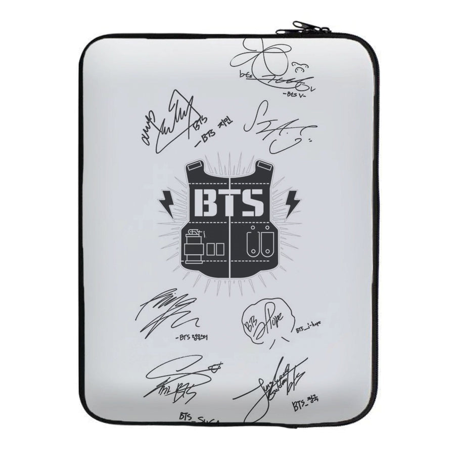 White BTS Army Logo and Signatures Laptop Sleeve