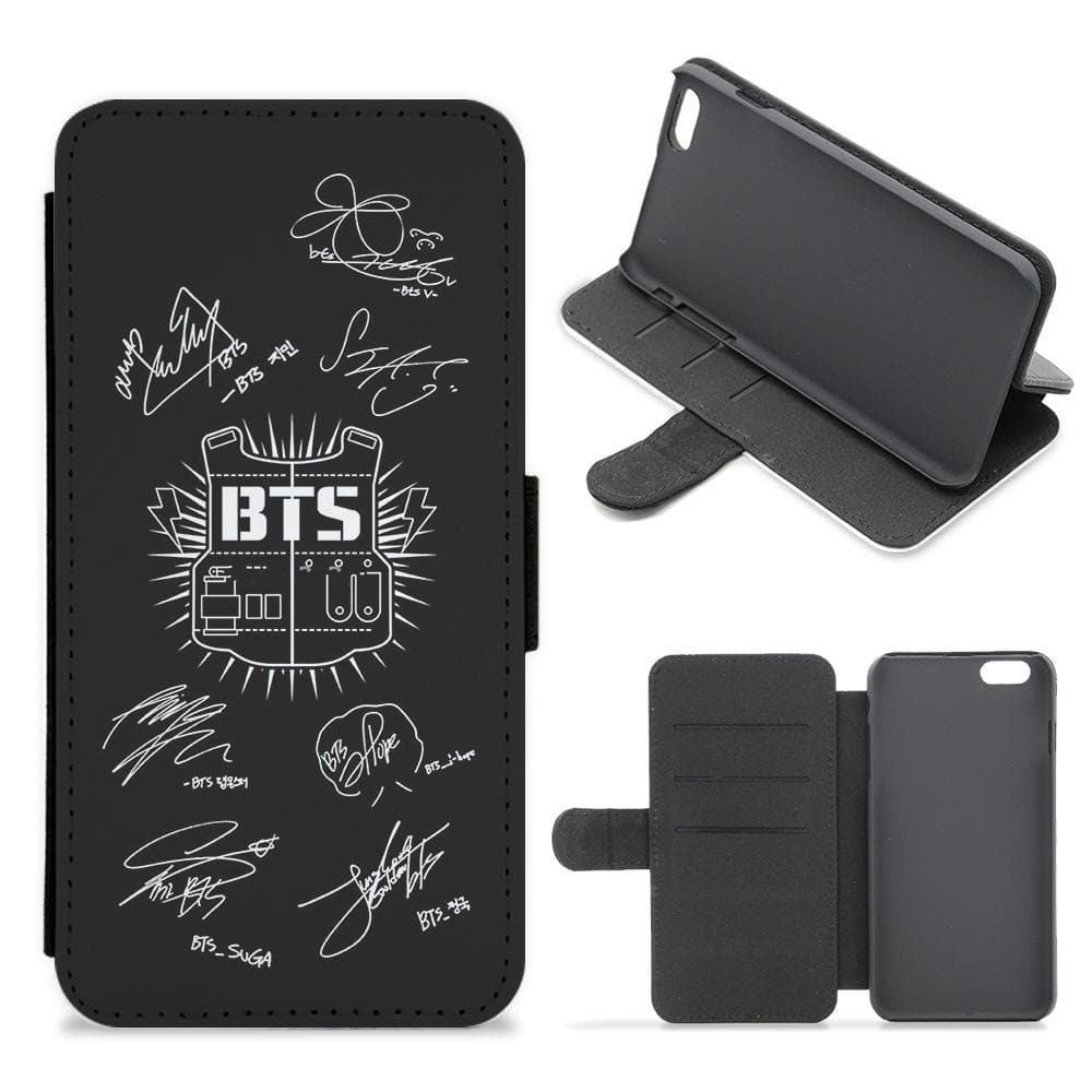 Black BTS Army Logo and Signatures Flip Wallet Phone Case - Fun Cases