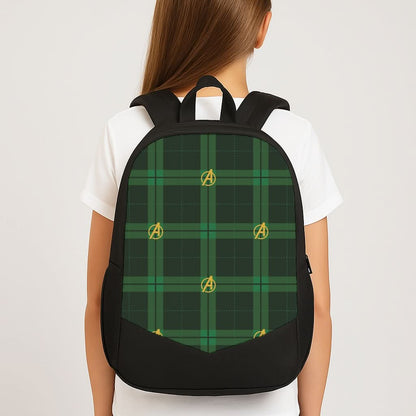 Superhero Team Green Tartan Pattern School Bag