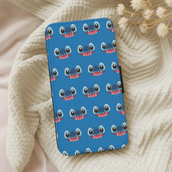 Blue Alien Face Pattern Leather Phone Case