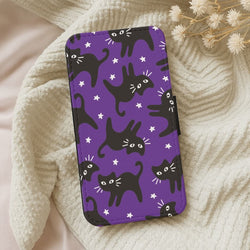 Cartoon Black Cats And Stars Pattern Leather Phone Case