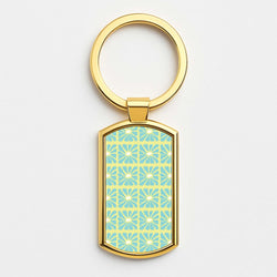 Square Abstract Flowers Blue Gold Keyring