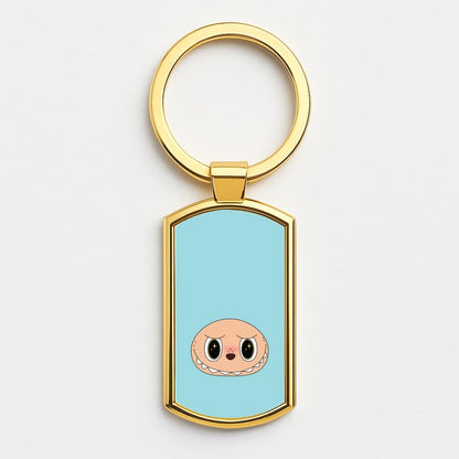 Cute Blue Monster Face Gold Keyring