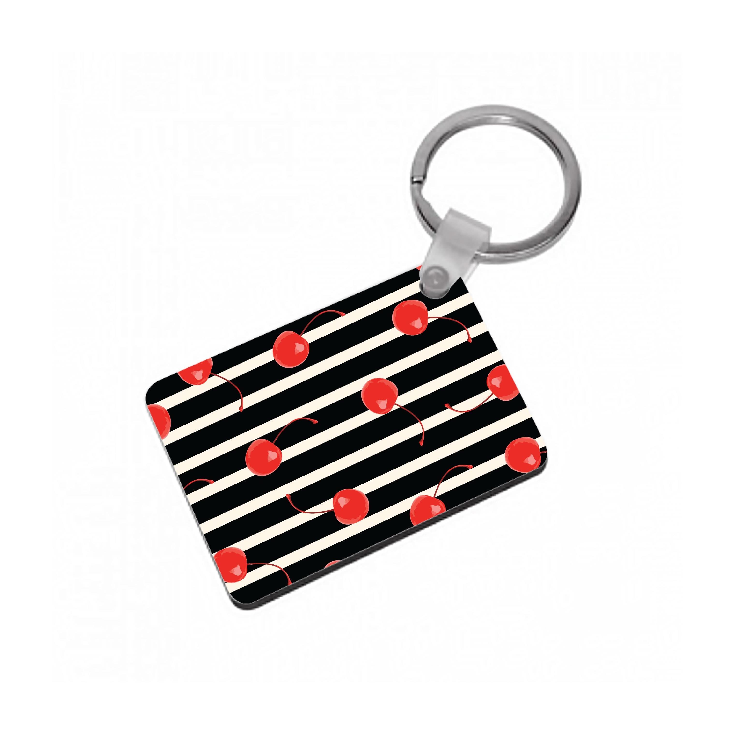 Black And White Stripes With Cherries Keyring