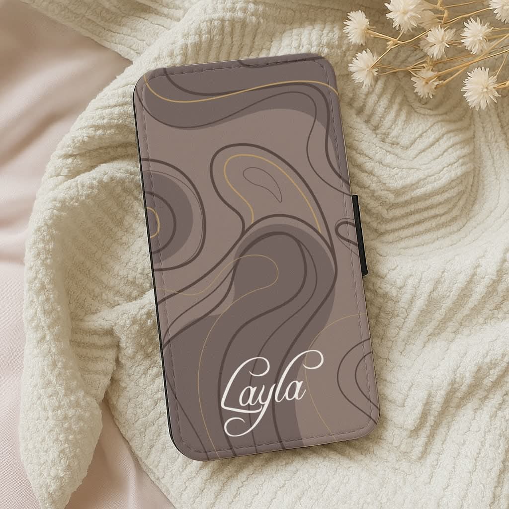 Brown Marble Waves Personalised Name Leather Phone Case