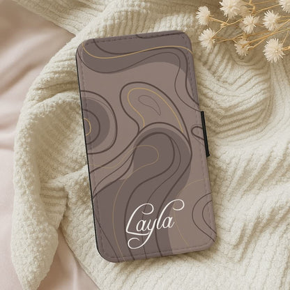 Brown Marble Waves Personalised Name Leather Phone Case