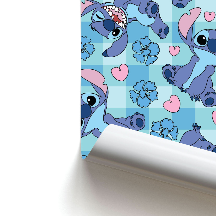 Blue Alien And Hearts Pattern Poster