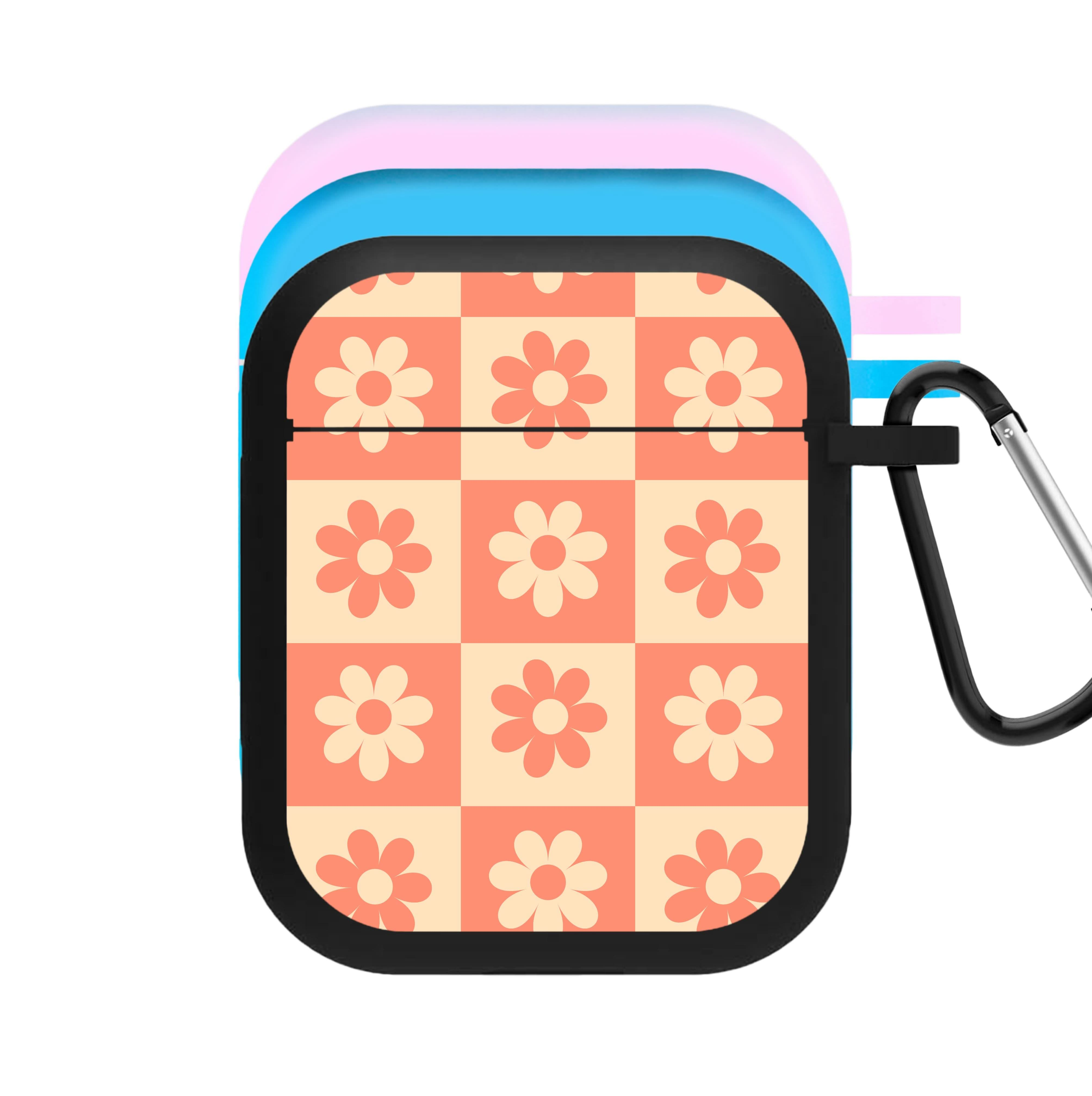 Checkered Flowers Orange AirPods Case