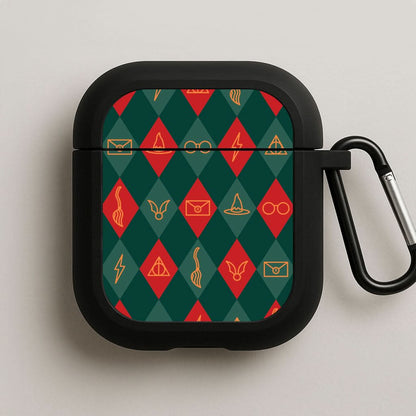Christmas Wizard Icons Argyle Pattern Black AirPods Case