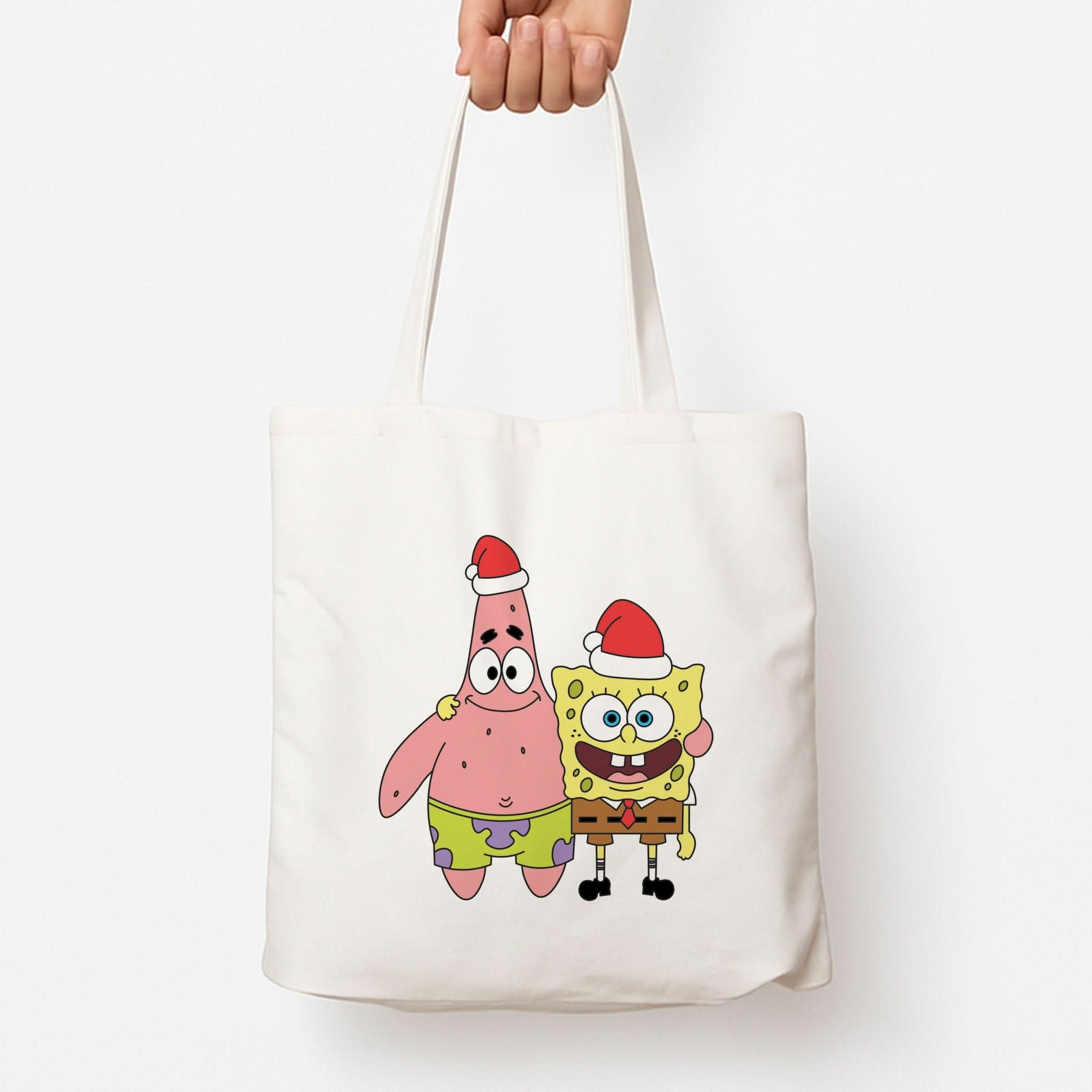 Cartoon Sponge And Starfish Christmas Hats Tote Bag