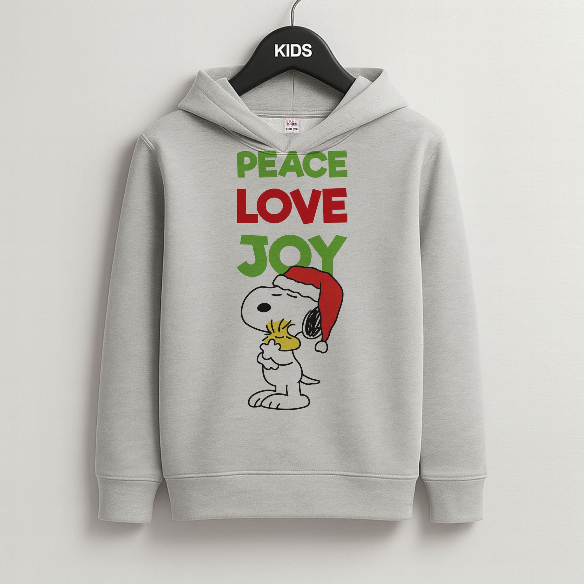 Peace, Love, Joy Christmas Cartoon Beagle Grey Kids Hoodie