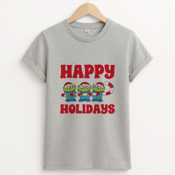 Happy Holidays Cute Green Aliens Unisex Grey T-Shirt