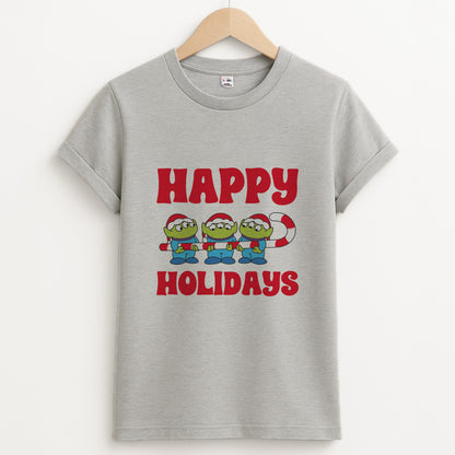 Happy Holidays Cute Green Aliens Unisex Grey T-Shirt