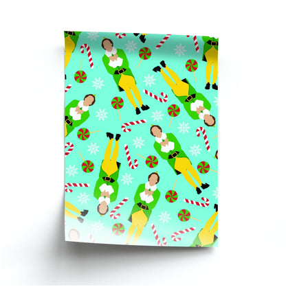 Elf Candy Cane Pattern Blue Poster