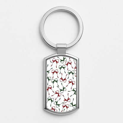 Red And Green Coquette Christmas Bows Pattern Silver Metal Keyring