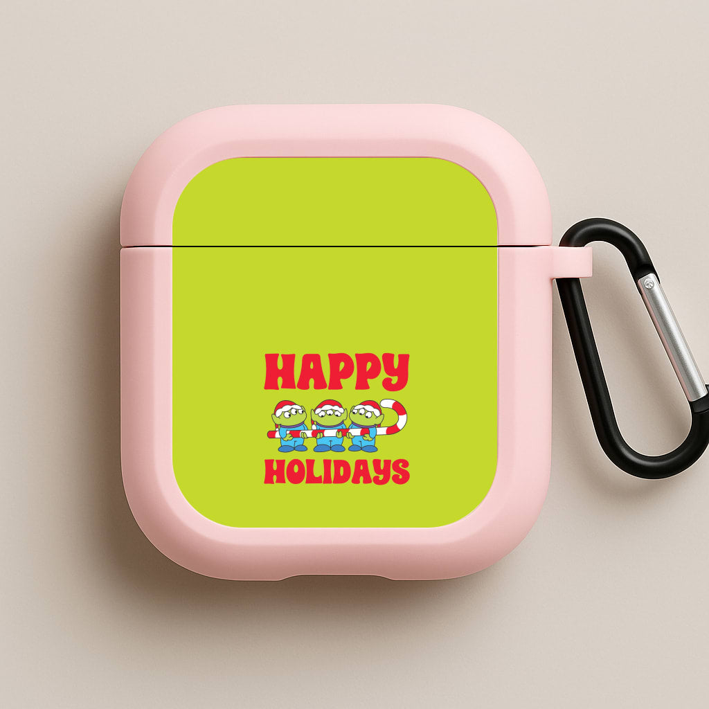 Happy Holidays Cute Green Aliens Pink AirPods Case