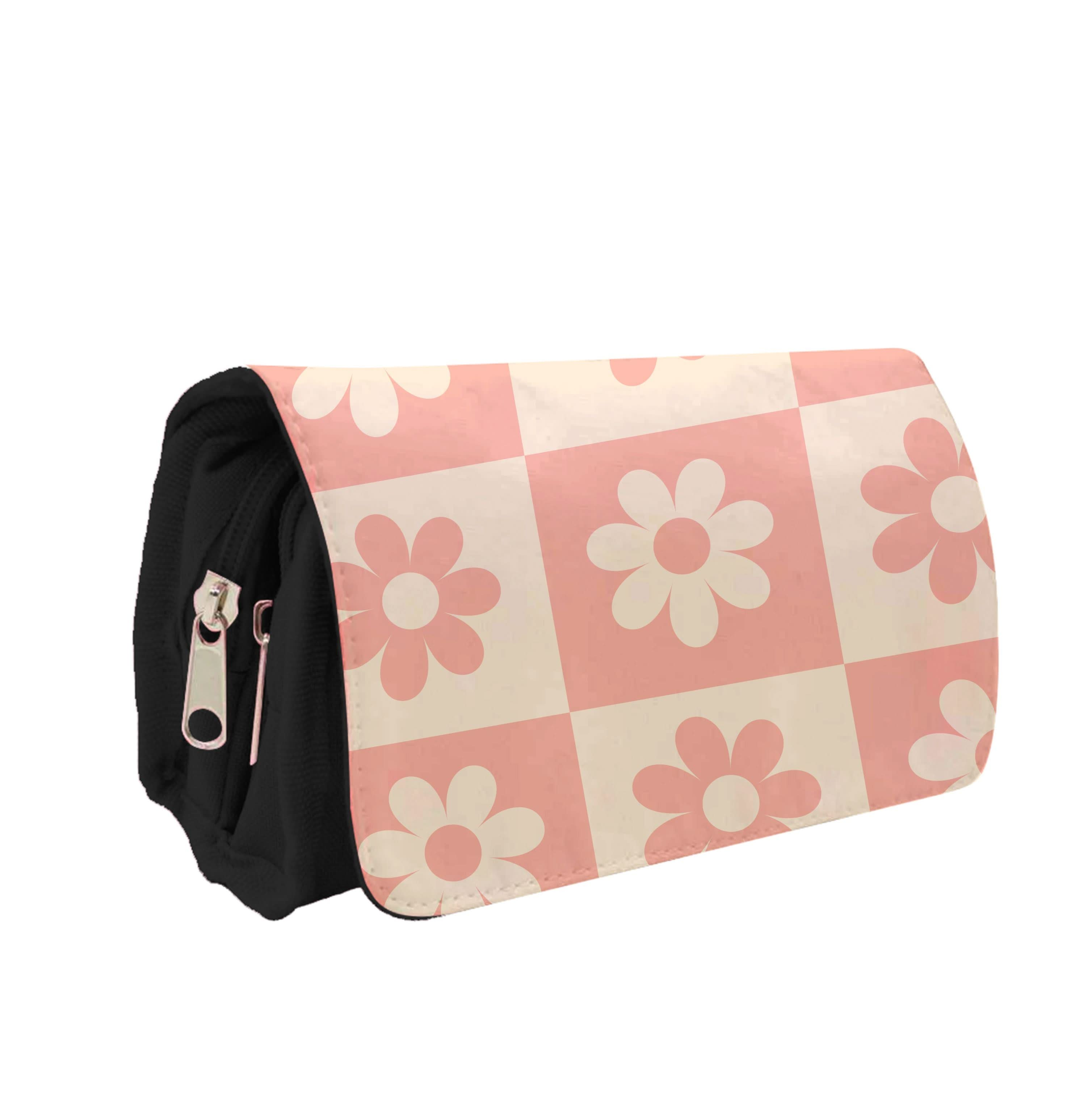 Checkered Flowers Orange Pencil Case