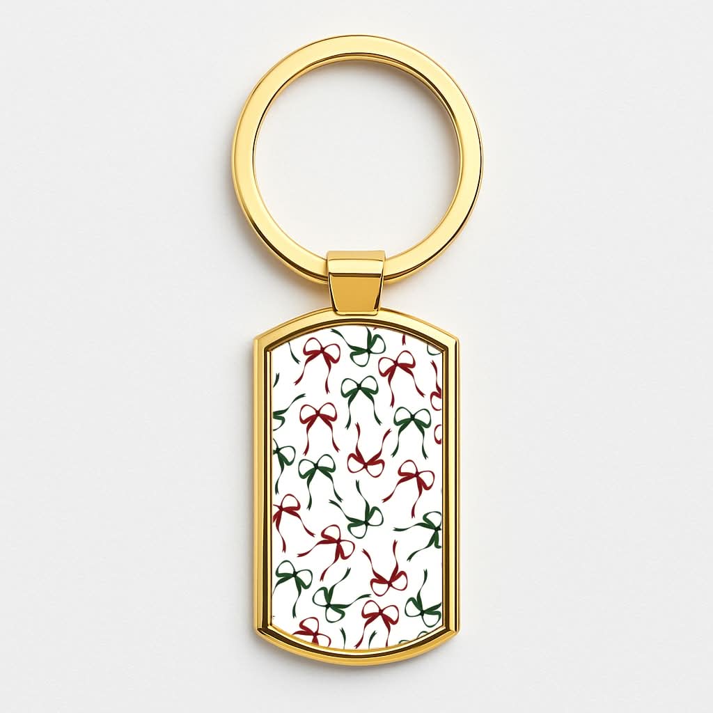 Red And Green Coquette Christmas Bows Pattern Gold Keyring