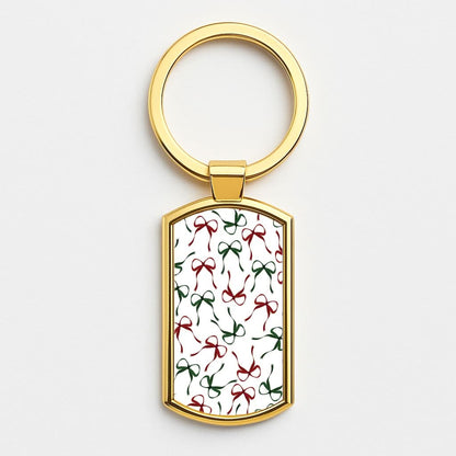 Red And Green Coquette Christmas Bows Pattern Gold Keyring