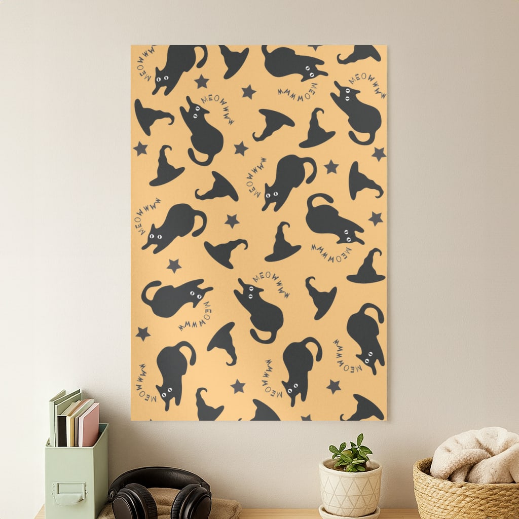 Black Cat And Hats Pattern Poster