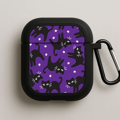 Cartoon Black Cats And Stars Pattern Black AirPods Case
